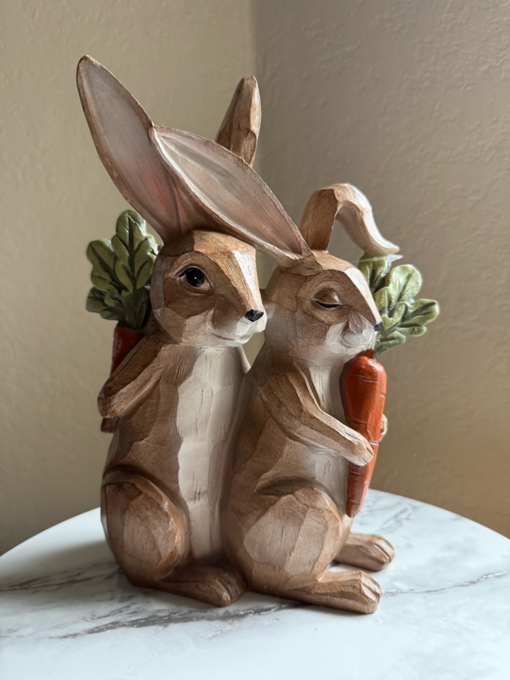 Carved Bunnies With Carrots Figurine wooden style